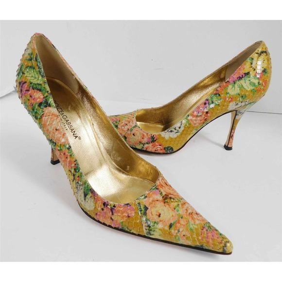 Dolce &‎ Gabbana Floral Genuine Snakeskin Pointy Pumps 37 - Picture 1 of 6
